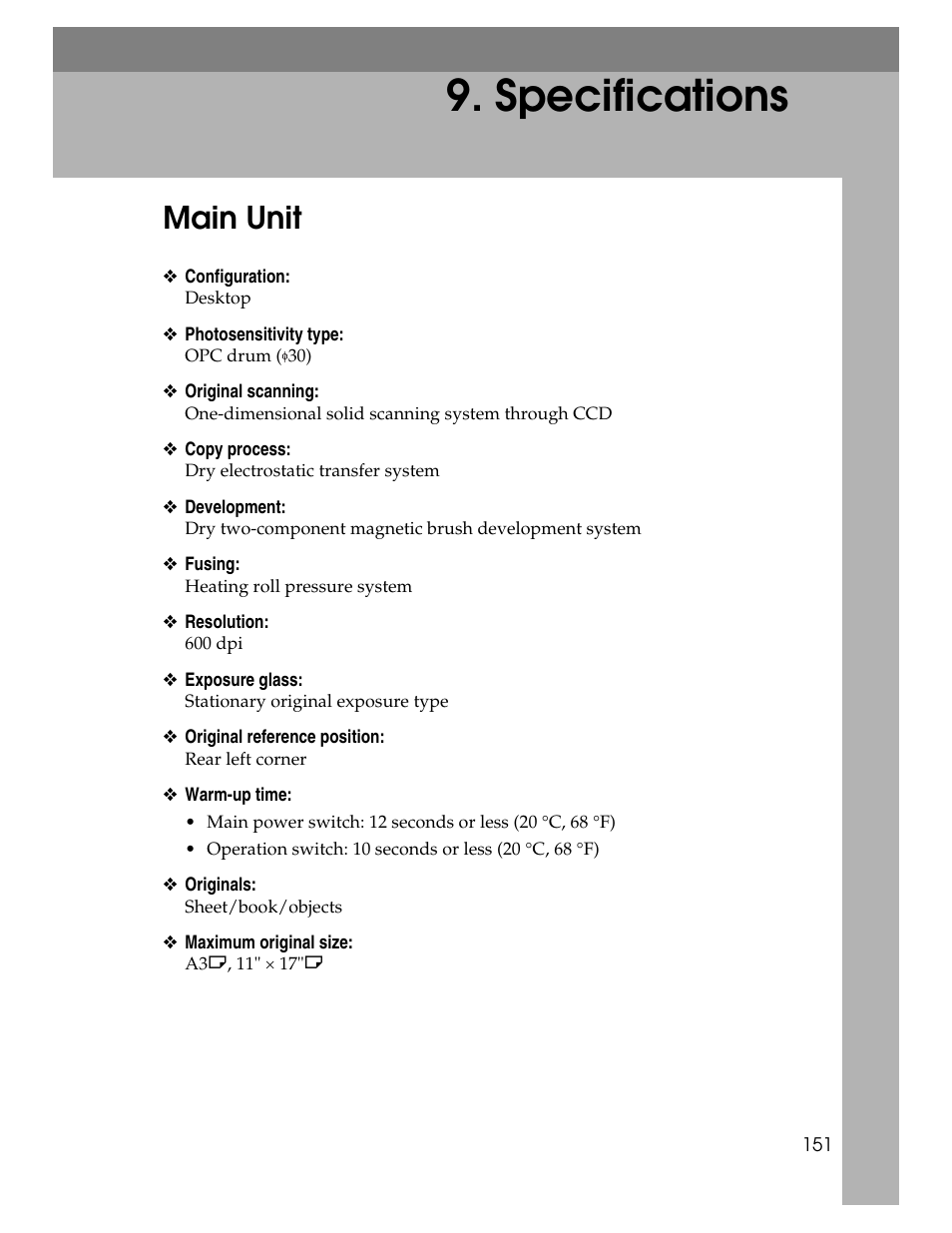 Specifications, Main unit | Ricoh Aficio 2025 User Manual | Page 163 / 182