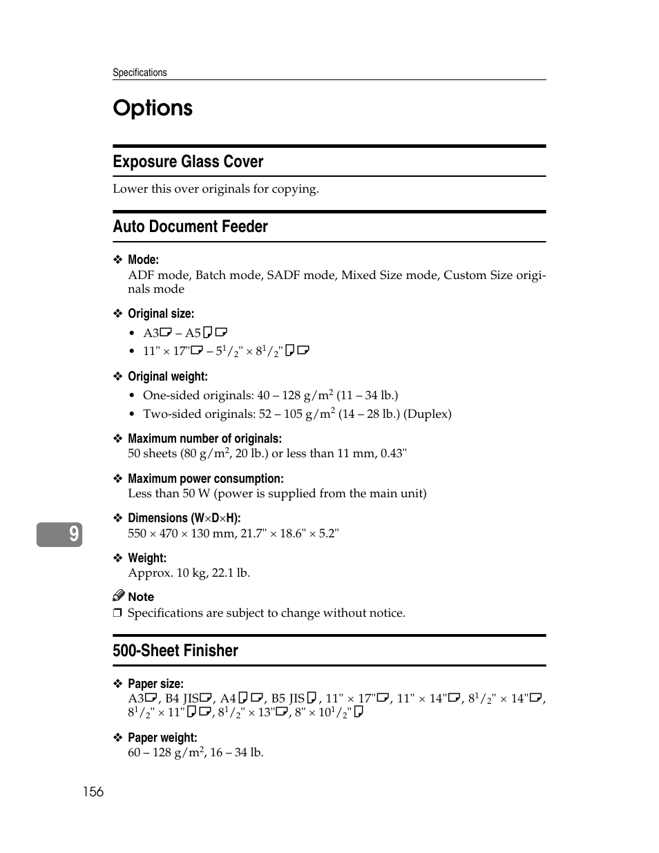 Options, Exposure glass cover, Auto document feeder | Sheet finisher, 9options | Ricoh Aficio 2025 User Manual | Page 168 / 182