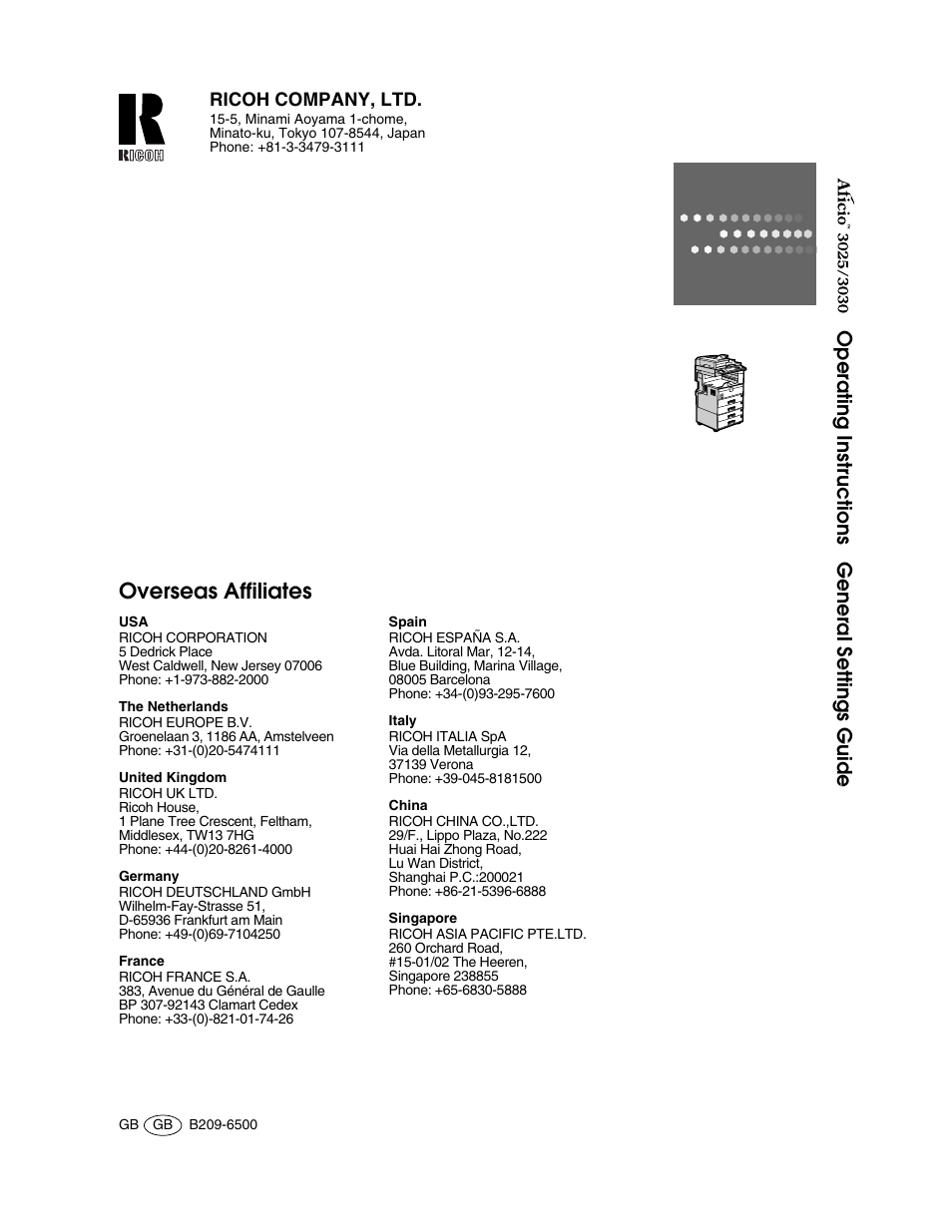Overseas affiliates | Ricoh Aficio 2025 User Manual | Page 182 / 182