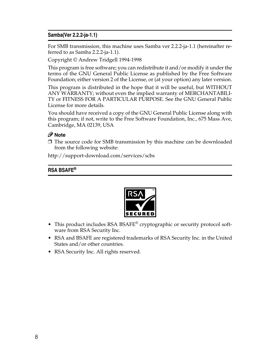 Samba(ver 2.2.2-ja-1.1), Rsa bsafe | Ricoh Aficio 2025 User Manual | Page 20 / 182