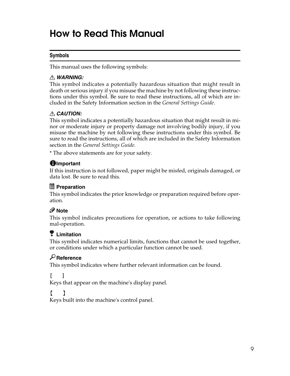 How to read this manual, Symbols | Ricoh Aficio 2025 User Manual | Page 21 / 182