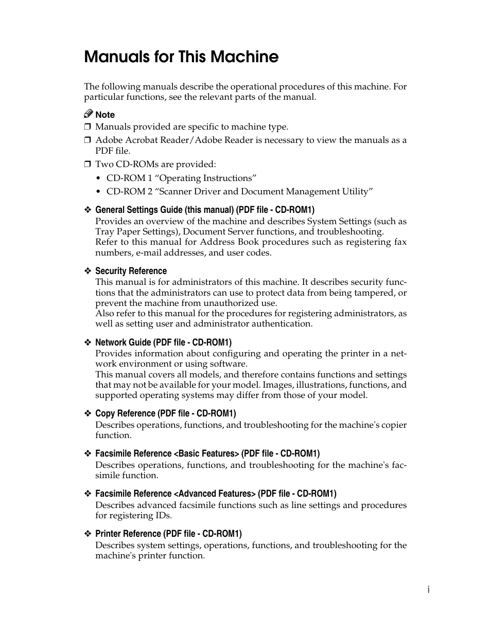 Manuals for this machine | Ricoh Aficio 2025 User Manual | Page 3 / 182