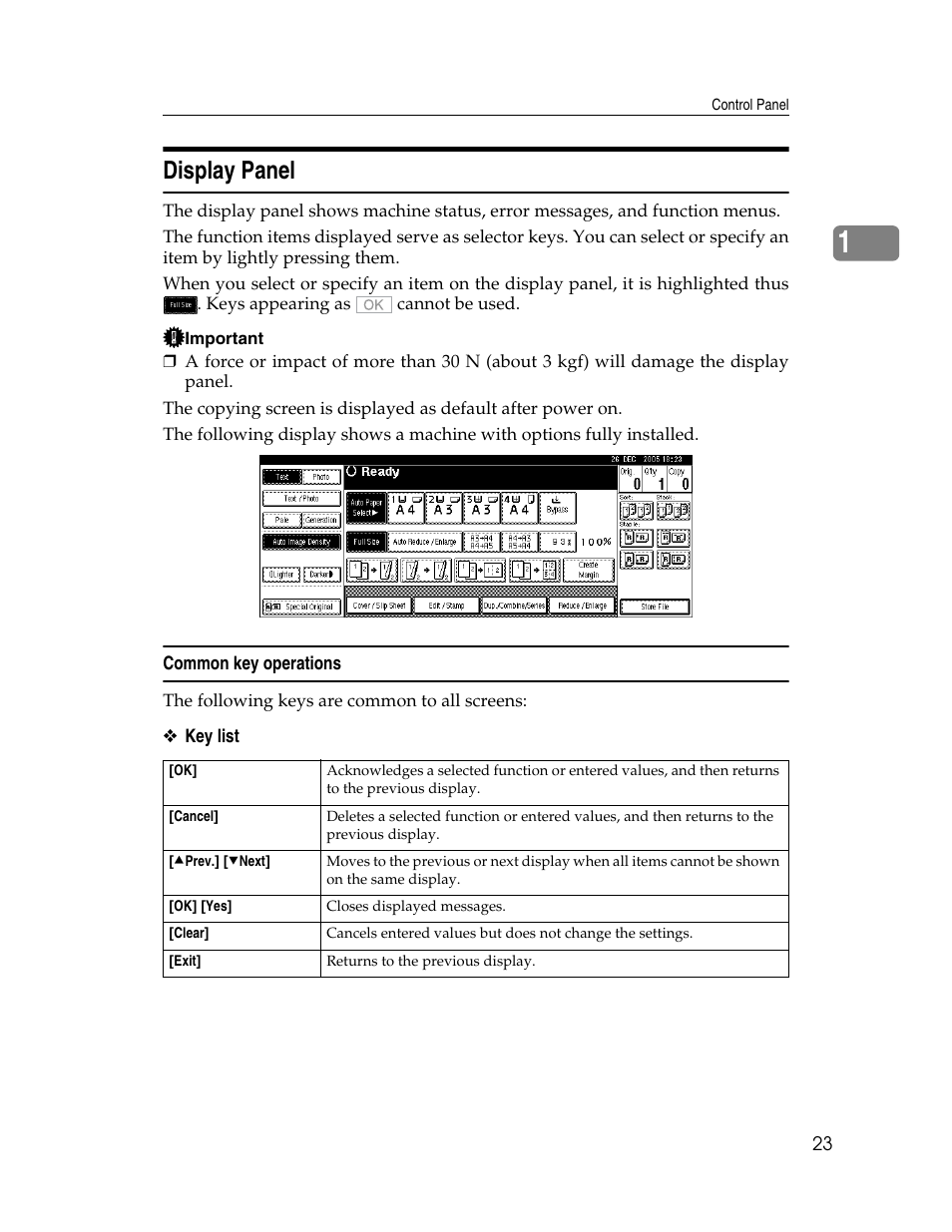 Display panel, Common key operations | Ricoh Aficio 2025 User Manual | Page 35 / 182