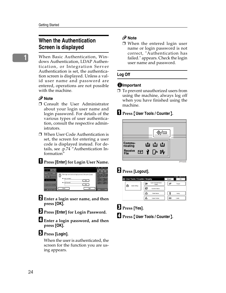 When the authentication screen is displayed, Log off | Ricoh Aficio 2025 User Manual | Page 36 / 182