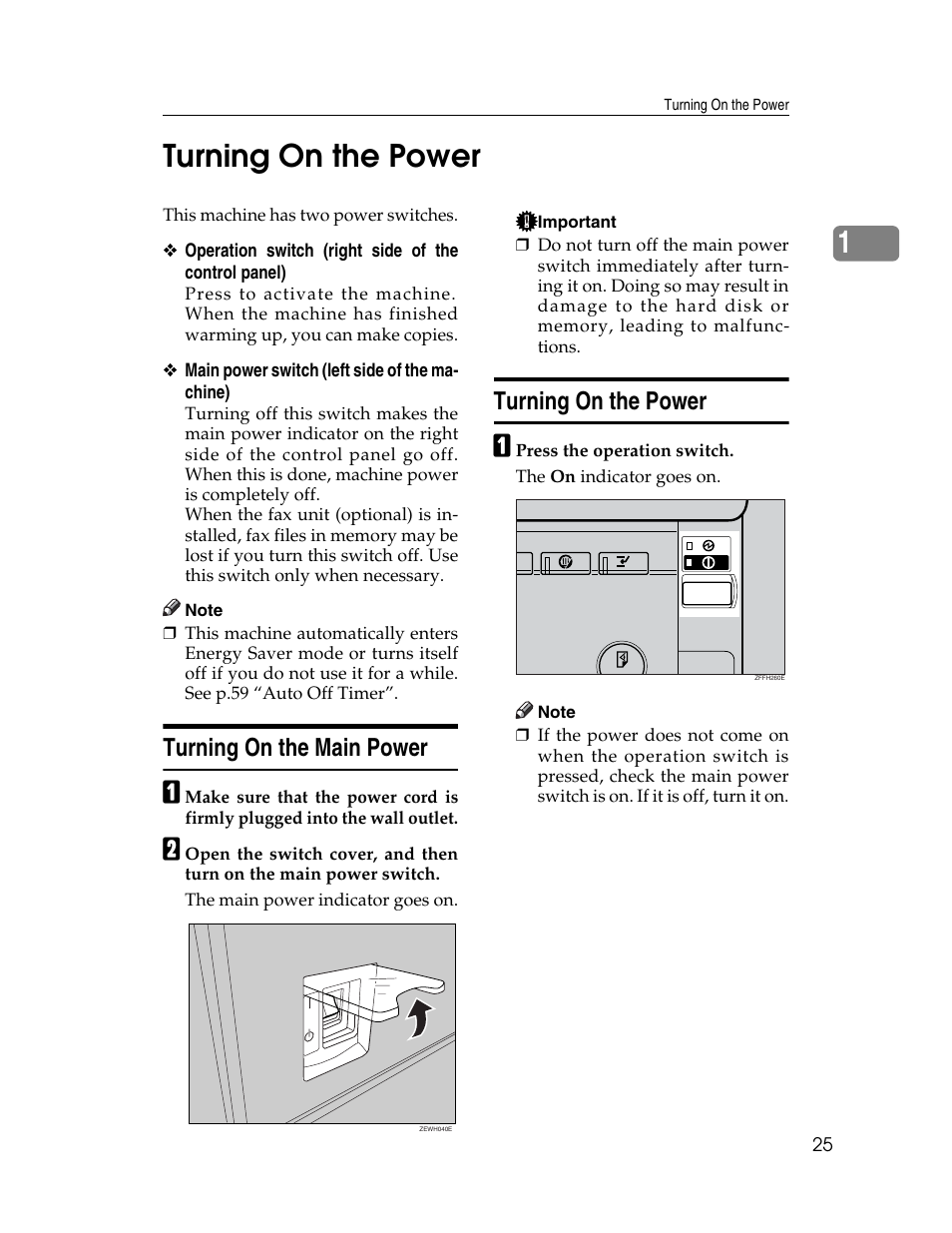Turning on the power, Turning on the main power, Turning on the main power turning on the power | 1turning on the power | Ricoh Aficio 2025 User Manual | Page 37 / 182