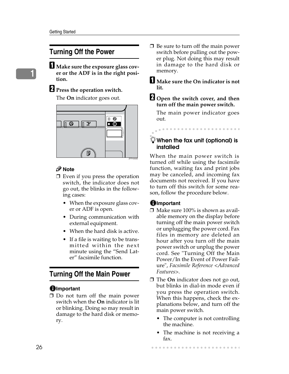Turning off the power, Turning off the main power, Turning off the power turning off the main power | Ricoh Aficio 2025 User Manual | Page 38 / 182