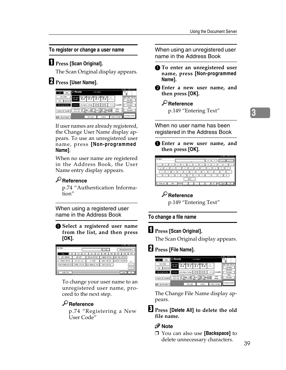 To register or change a user name, To change a file name | Ricoh Aficio 2025 User Manual | Page 51 / 182