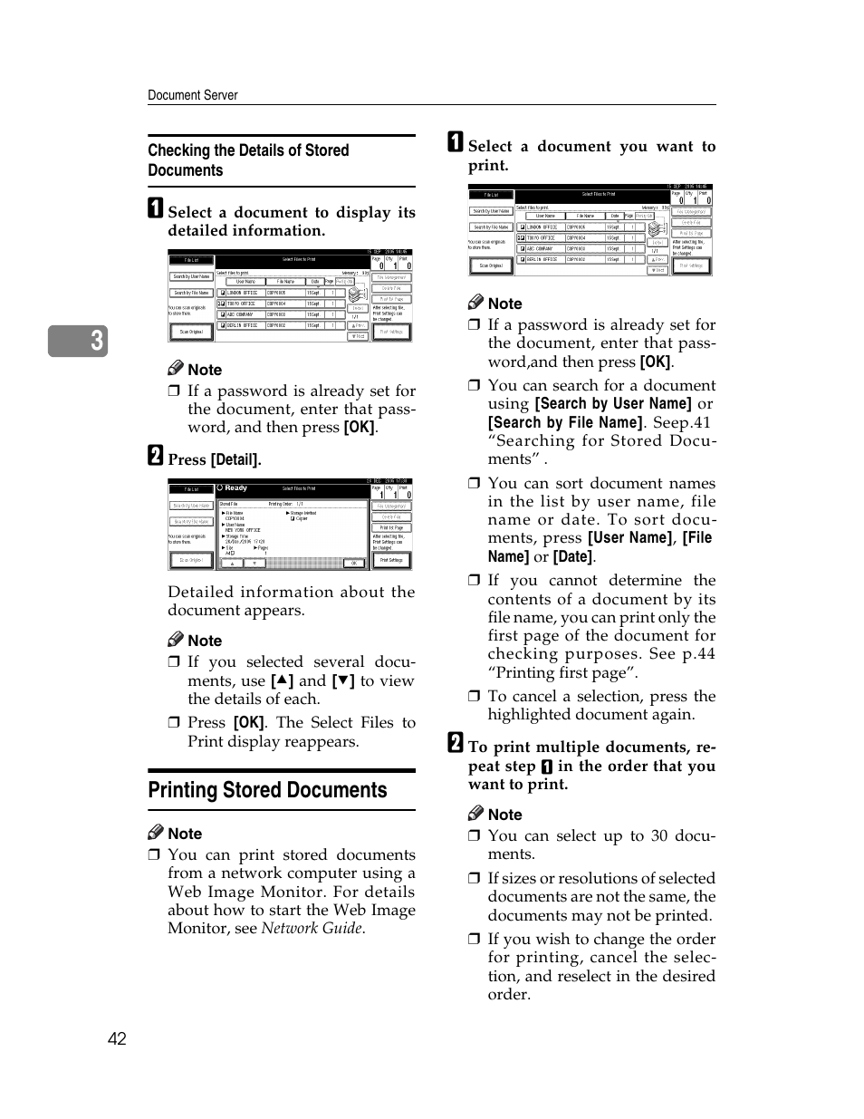 Checking the details of stored documents, Printing stored documents | Ricoh Aficio 2025 User Manual | Page 54 / 182