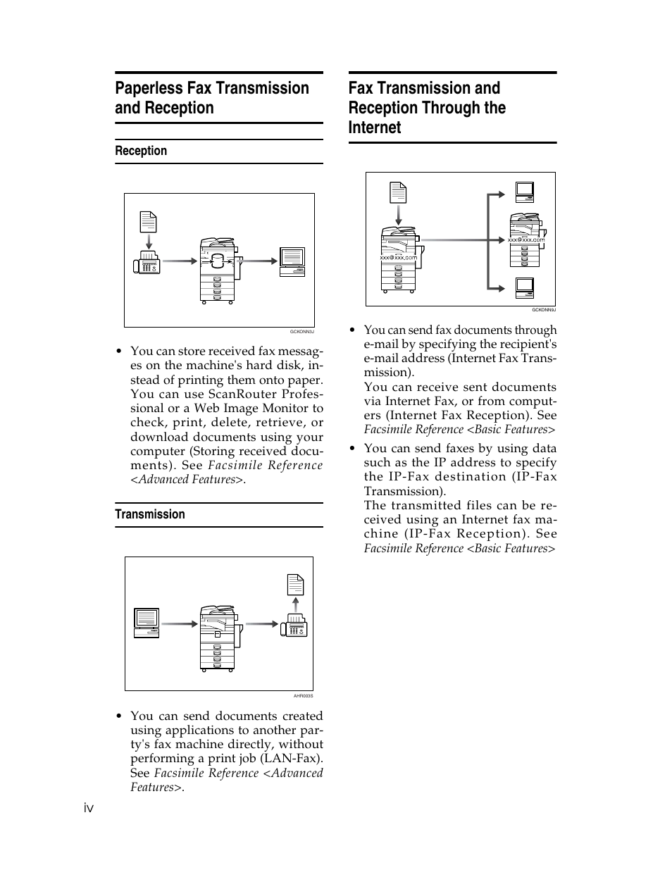 Paperless fax transmission and reception, Reception, Transmission | Ricoh Aficio 2025 User Manual | Page 6 / 182