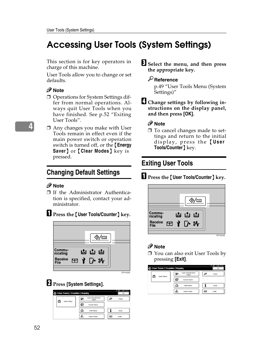 Accessing user tools (system settings), Changing default settings, Exiting user tools | Changing default settings exiting user tools, P.52 “accessing user tools (system settings), 4accessing user tools (system settings) | Ricoh Aficio 2025 User Manual | Page 64 / 182