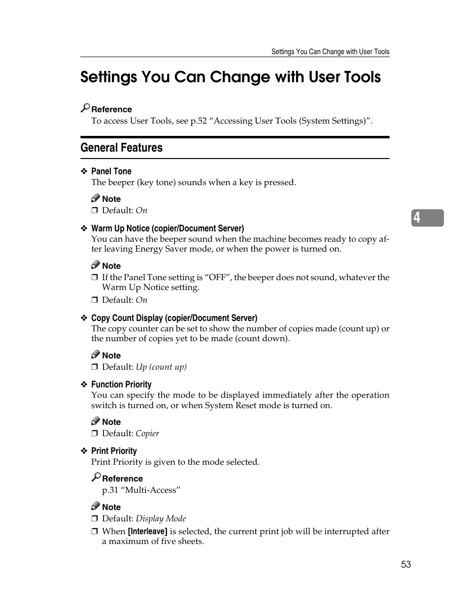 Settings you can change with user tools, General features, See p.53 “print priority” for settin | Ave". see p.53 “print priority, 4settings you can change with user tools | Ricoh Aficio 2025 User Manual | Page 65 / 182