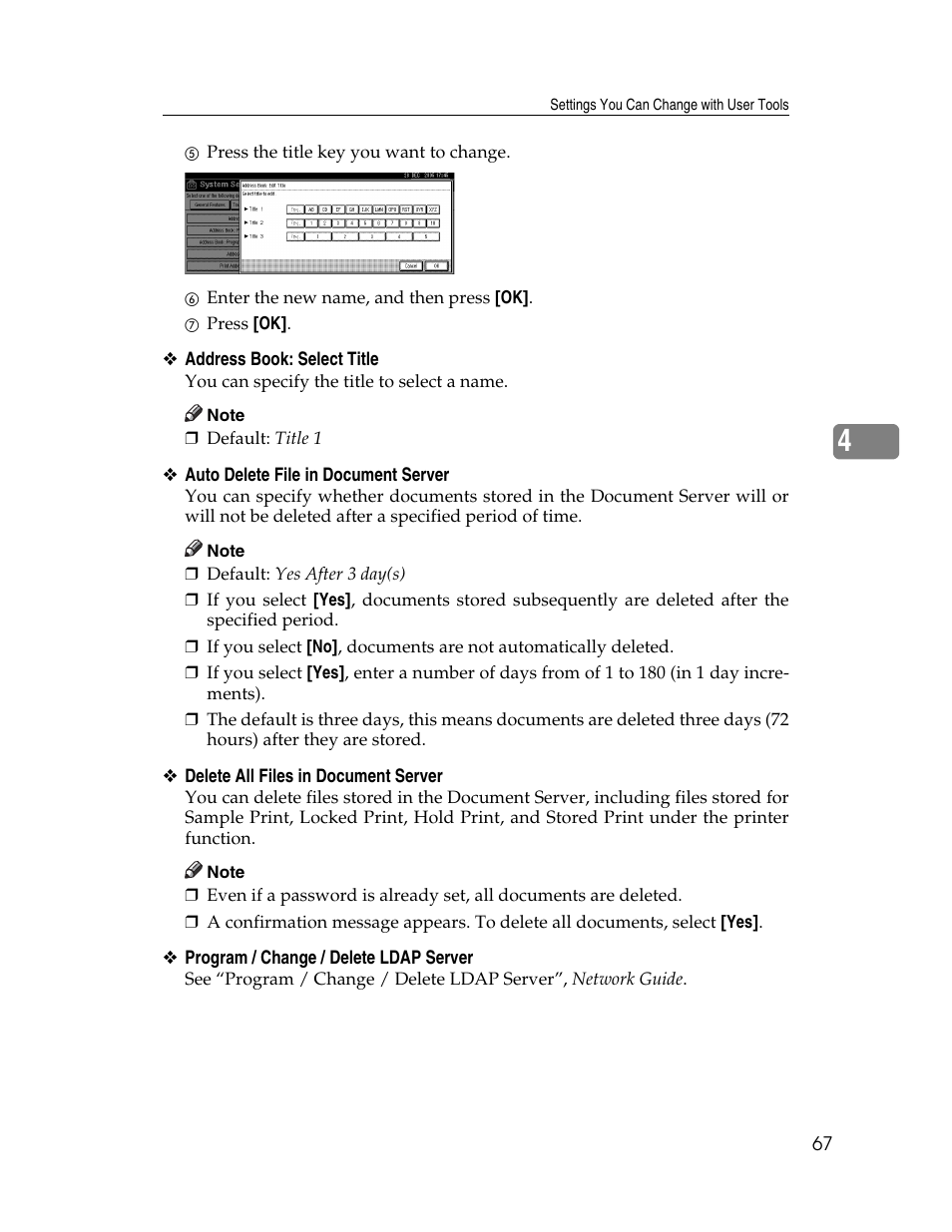 P.67 “delete all files in document server | Ricoh Aficio 2025 User Manual | Page 79 / 182