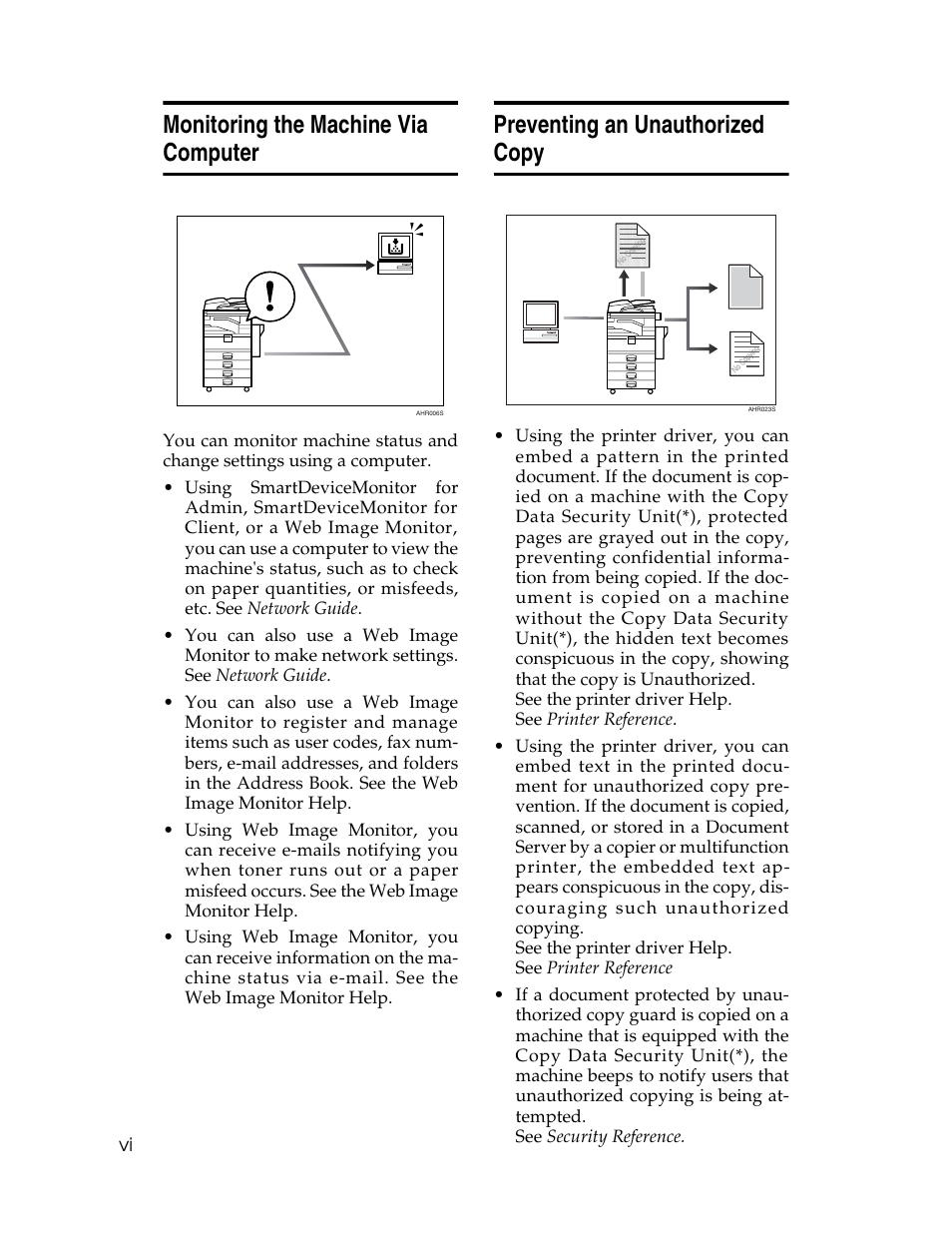 Monitoring the machine via computer, Preventing an unauthorized copy | Ricoh Aficio 2025 User Manual | Page 8 / 182