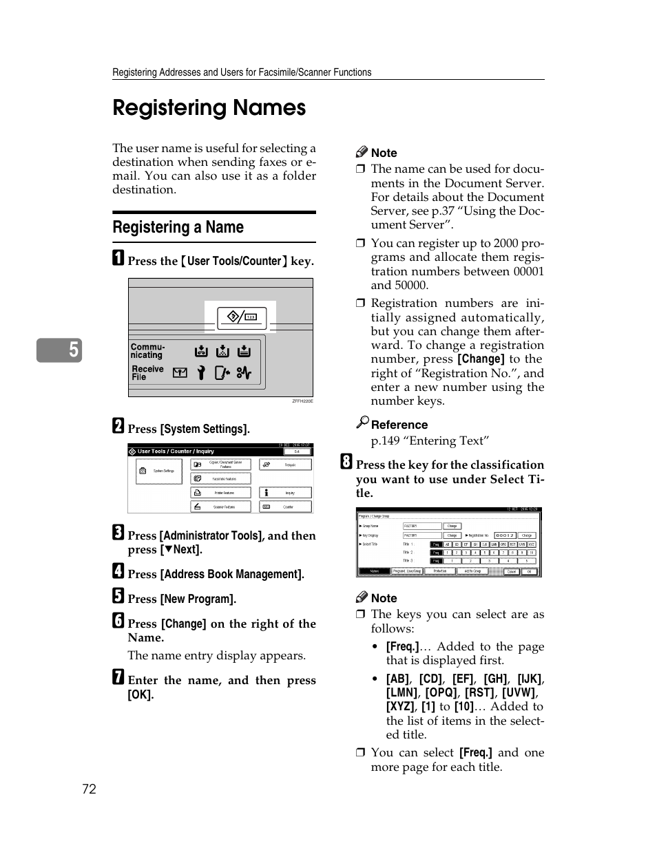 Registering names, Registering a name, 5registering names | Ricoh Aficio 2025 User Manual | Page 84 / 182