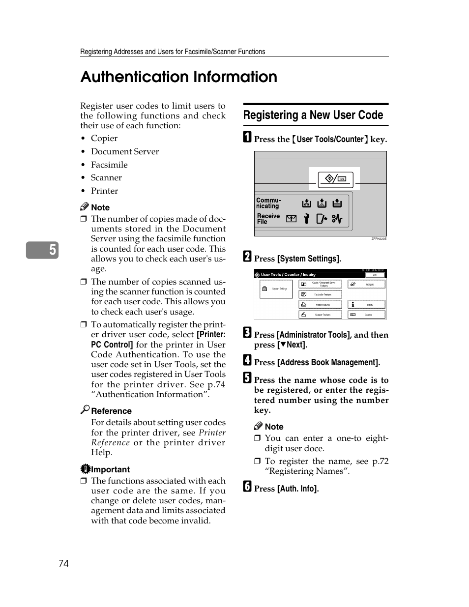 Authentication information, Registering a new user code, P.74 “authentication informa- tion | P.74 “registering a new user code, E p.74 “authentication informa- tion, 5authentication information | Ricoh Aficio 2025 User Manual | Page 86 / 182