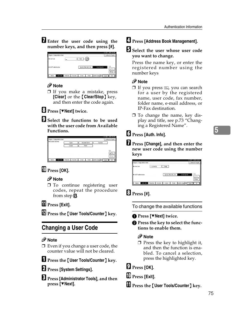 Changing a user code | Ricoh Aficio 2025 User Manual | Page 87 / 182
