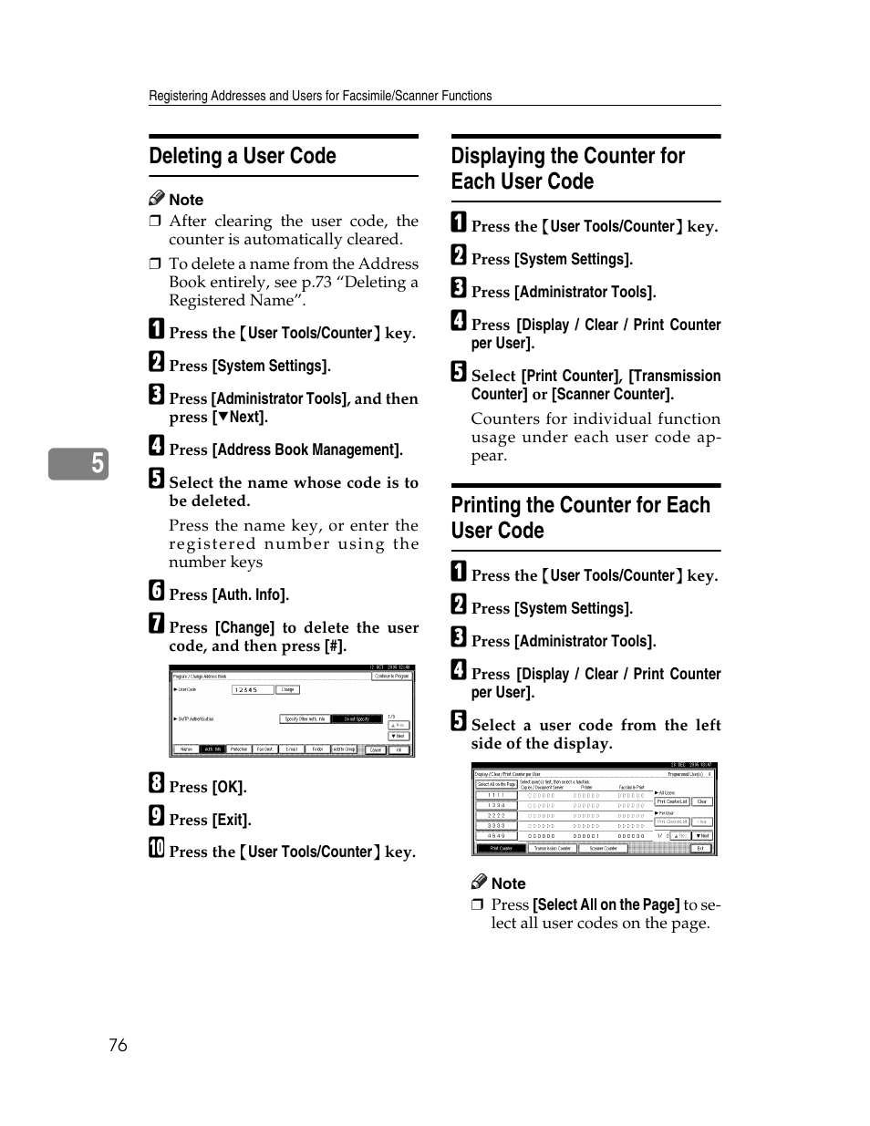 Deleting a user code, Displaying the counter for each user code, Printing the counter for each user code | Ricoh Aficio 2025 User Manual | Page 88 / 182