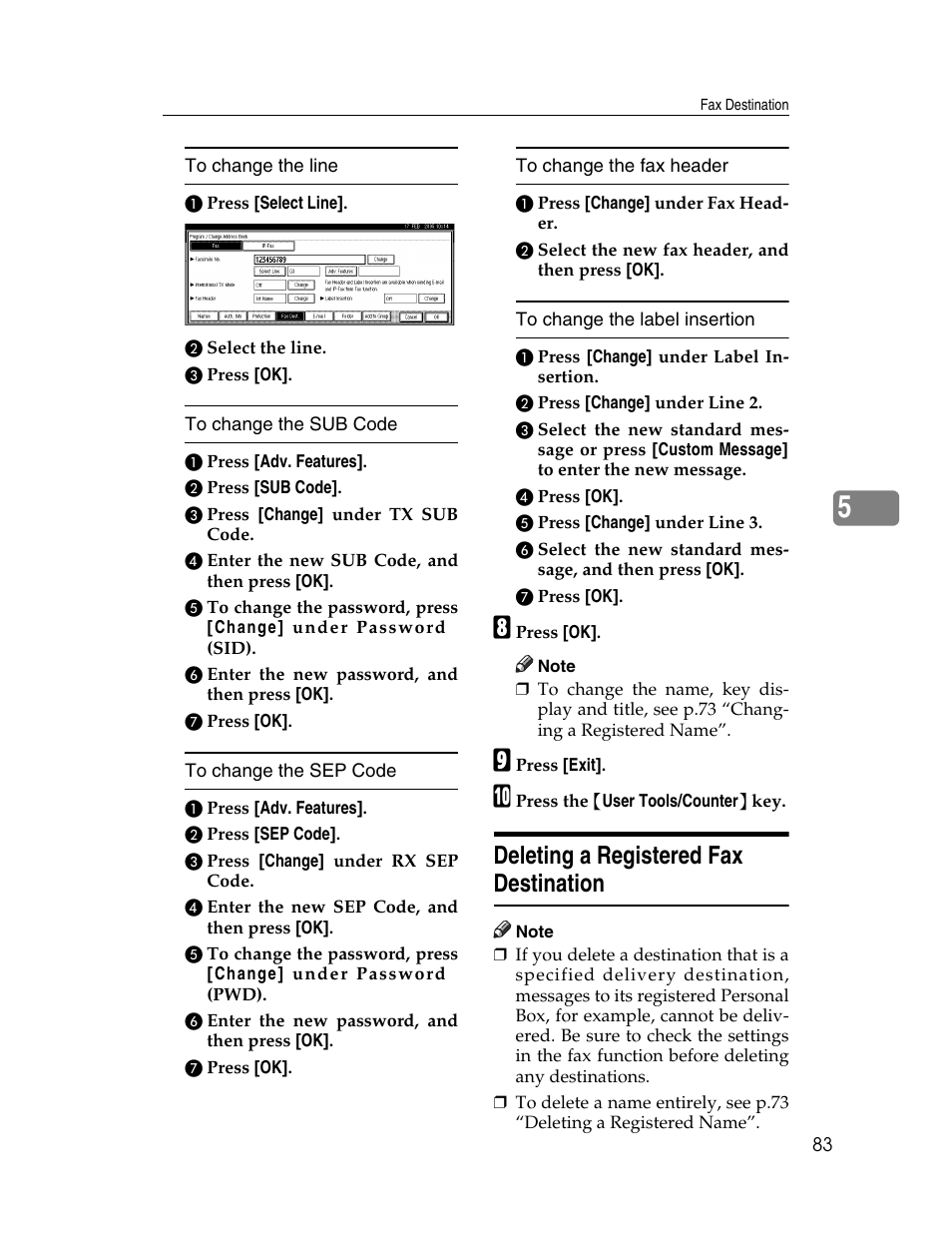 Deleting a registered fax destination | Ricoh Aficio 2025 User Manual | Page 95 / 182