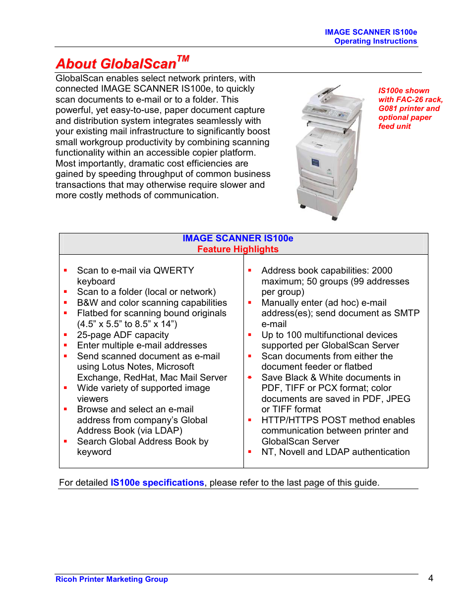 Ricoh GLOBALSCAN IS100E User Manual | Page 4 / 21