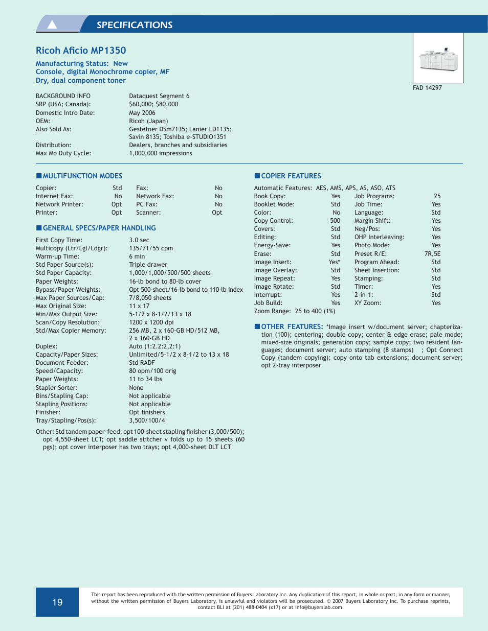 Specifications, La b te st | Ricoh Aficio MP 1350 User Manual | Page 19 / 21