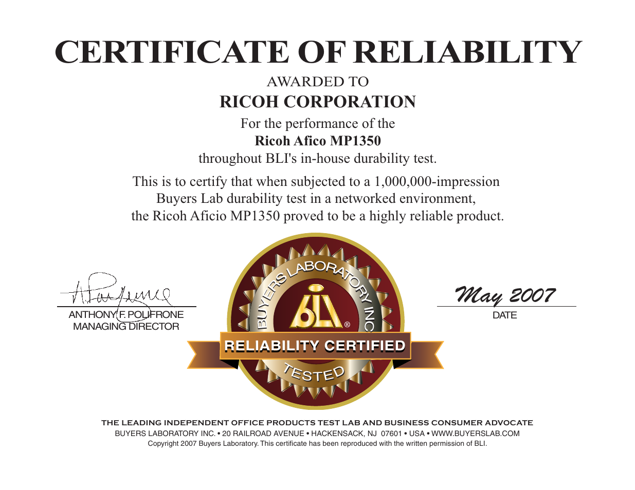 Certificate of, Reliability, Certificate of reliability | Ricoh corporation | Ricoh Aficio MP 1350 User Manual | Page 21 / 21