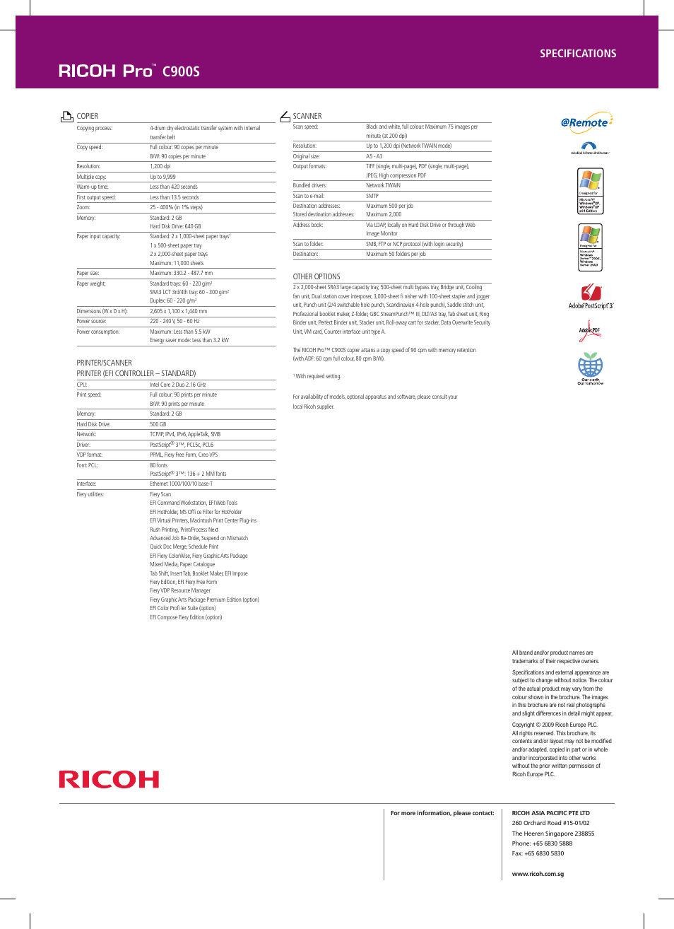 C900s, Specifications | Ricoh PRO C900s User Manual | Page 12 / 12