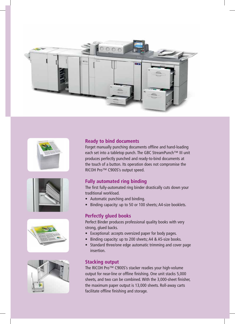 Ready to bind documents, Fully automated ring binding, Perfectly glued books | Stacking output | Ricoh PRO C900s User Manual | Page 5 / 12