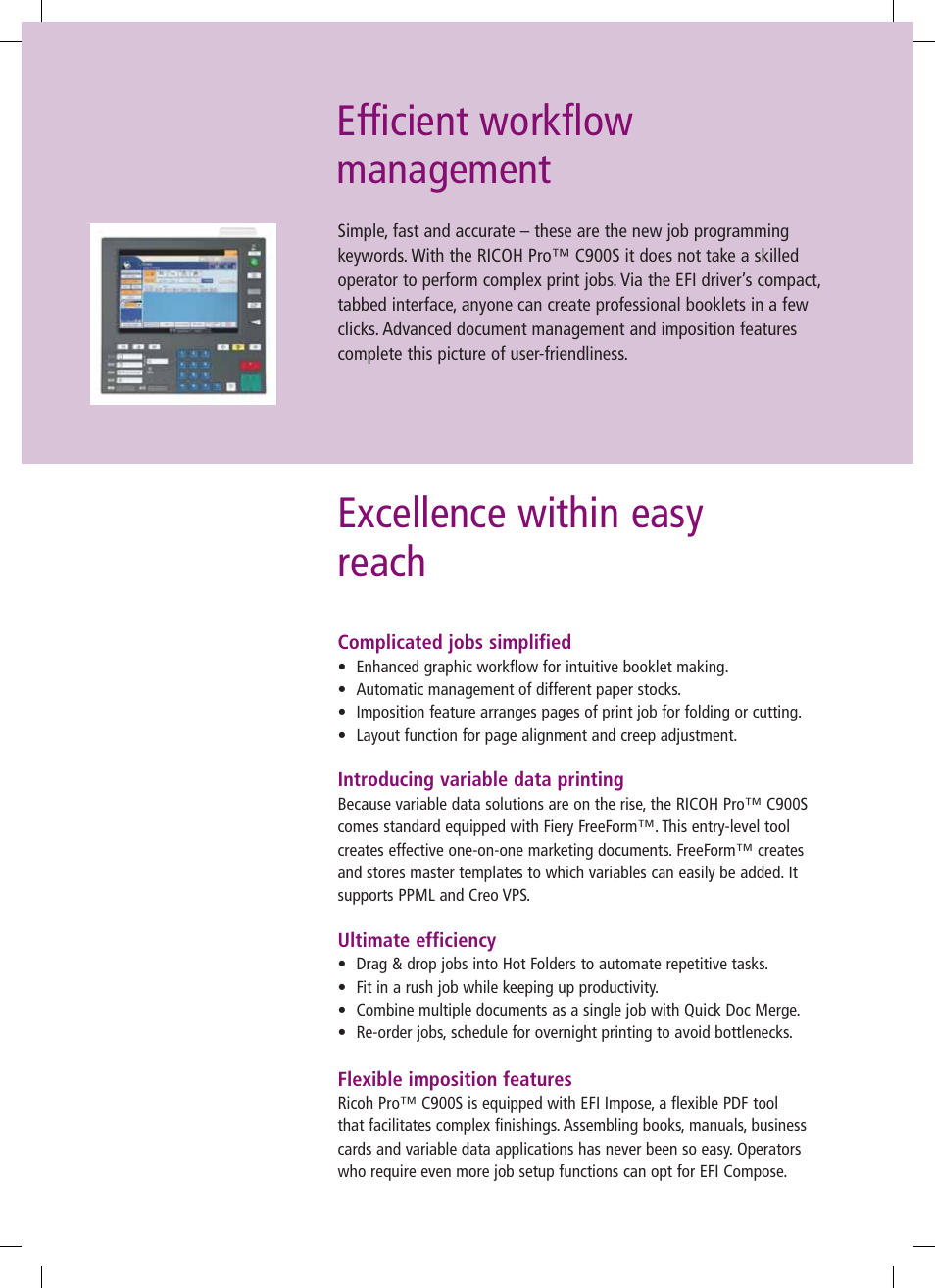 Excellence within easy reach, Efficient workflow management | Ricoh PRO C900s User Manual | Page 9 / 12