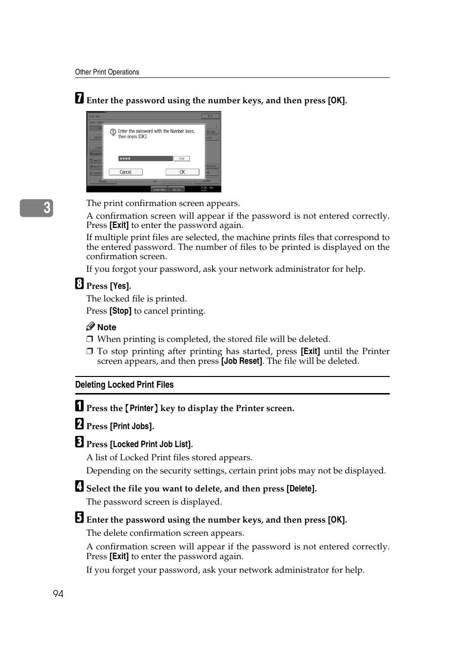 Deleting locked print files | Ricoh Aficio MP MP C3500/C4500 User Manual | Page 102 / 166