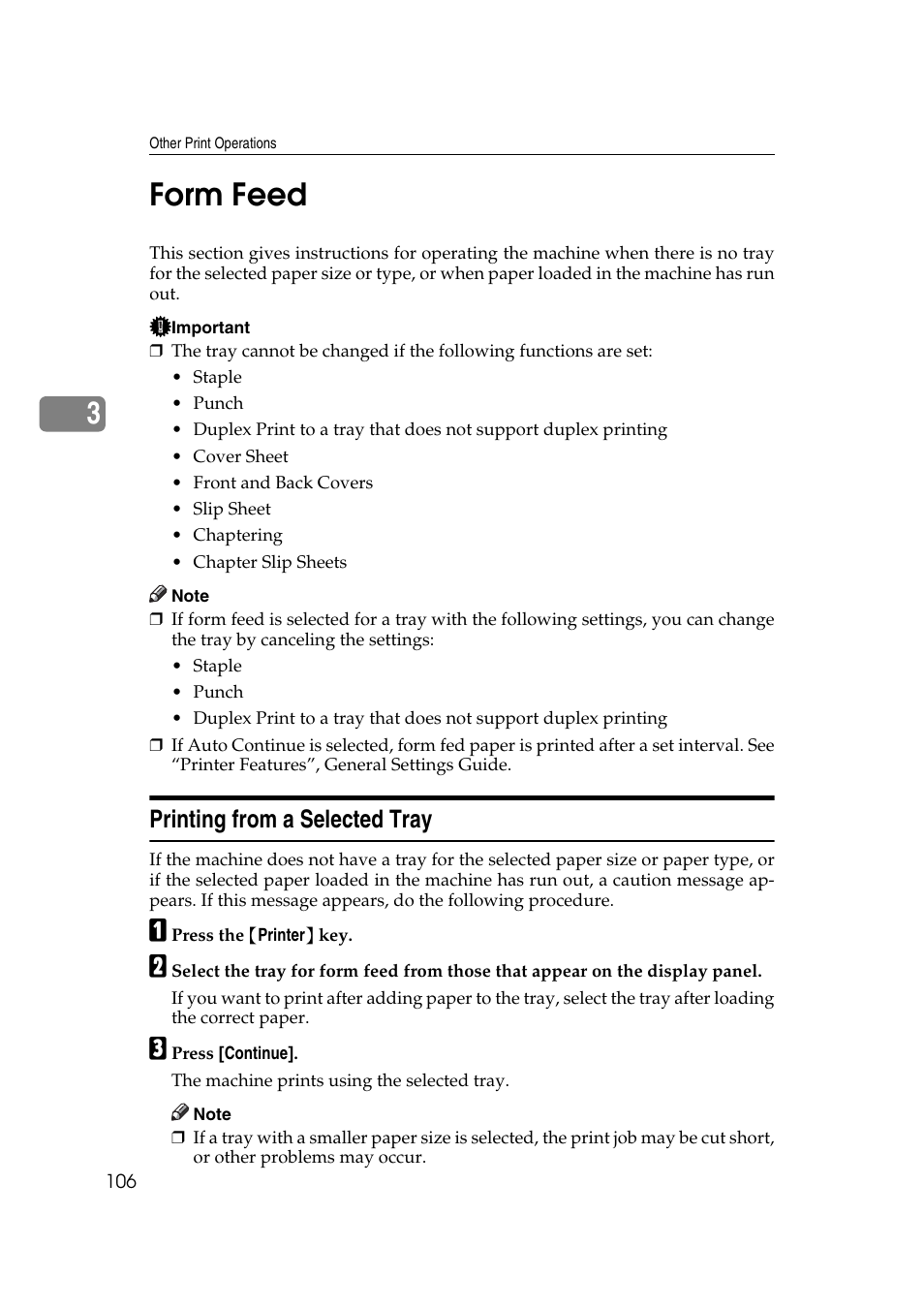 Form feed, Printing from a selected tray, 3form feed | Ricoh Aficio MP MP C3500/C4500 User Manual | Page 114 / 166