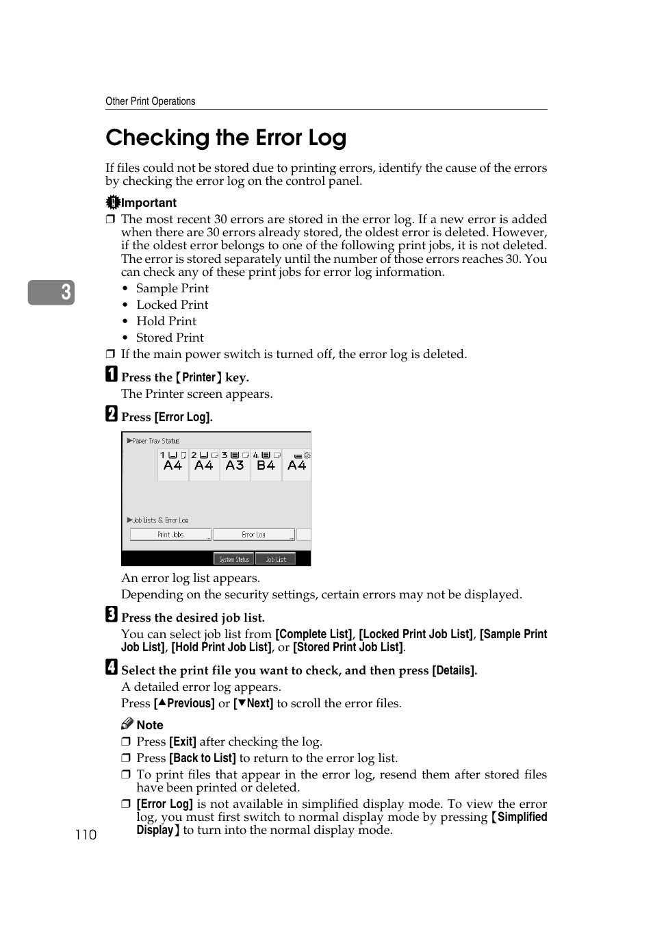 Checking the error log, 3checking the error log | Ricoh Aficio MP MP C3500/C4500 User Manual | Page 118 / 166