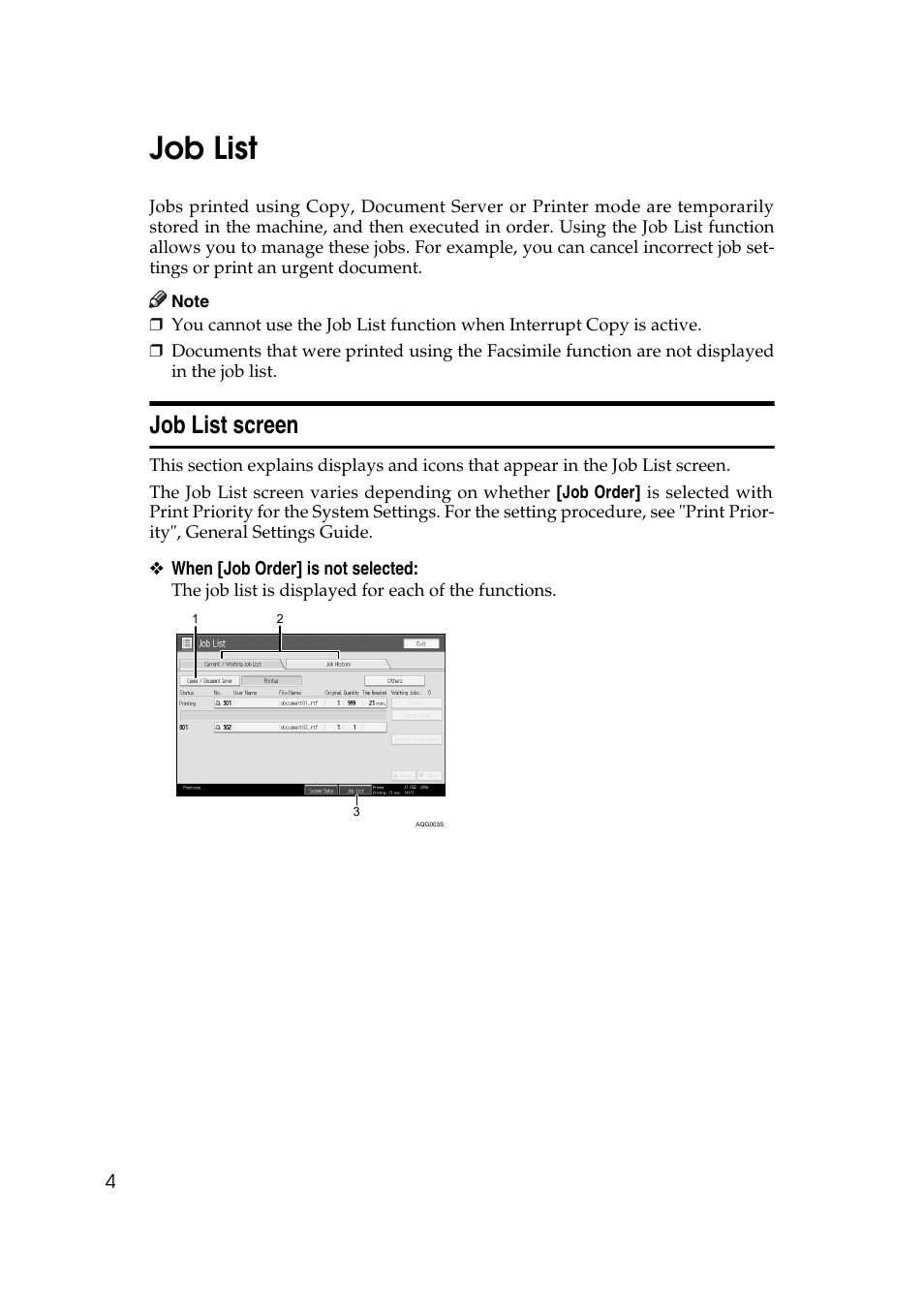 Job list, Job list screen | Ricoh Aficio MP MP C3500/C4500 User Manual | Page 12 / 166