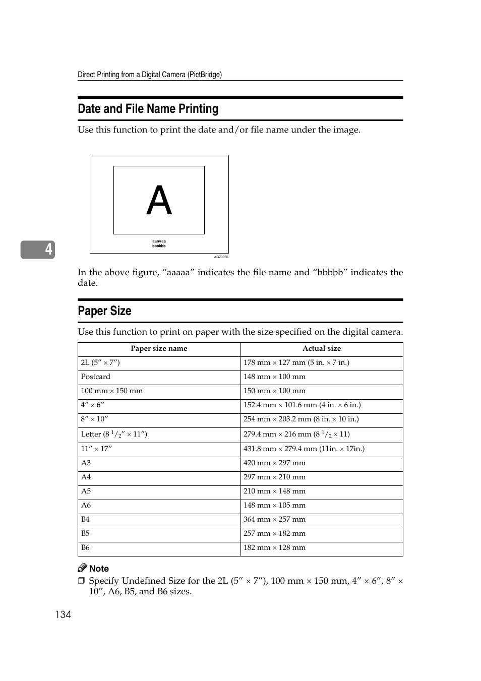 Date and file name printing, Paper size, Date and file name printing paper size | Ricoh Aficio MP MP C3500/C4500 User Manual | Page 142 / 166