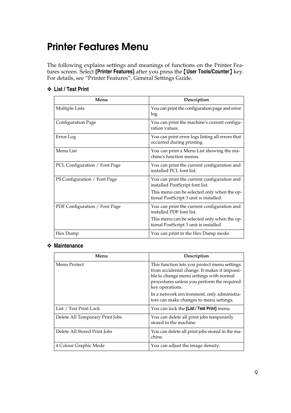 Printer features, Printer features menu | Ricoh Aficio MP MP C3500/C4500 User Manual | Page 17 / 166
