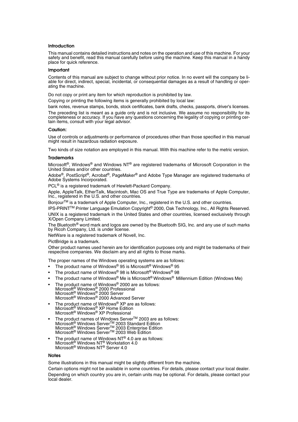 Introduction, Important, Caution | Trademarks, Notes | Ricoh Aficio MP MP C3500/C4500 User Manual | Page 2 / 166