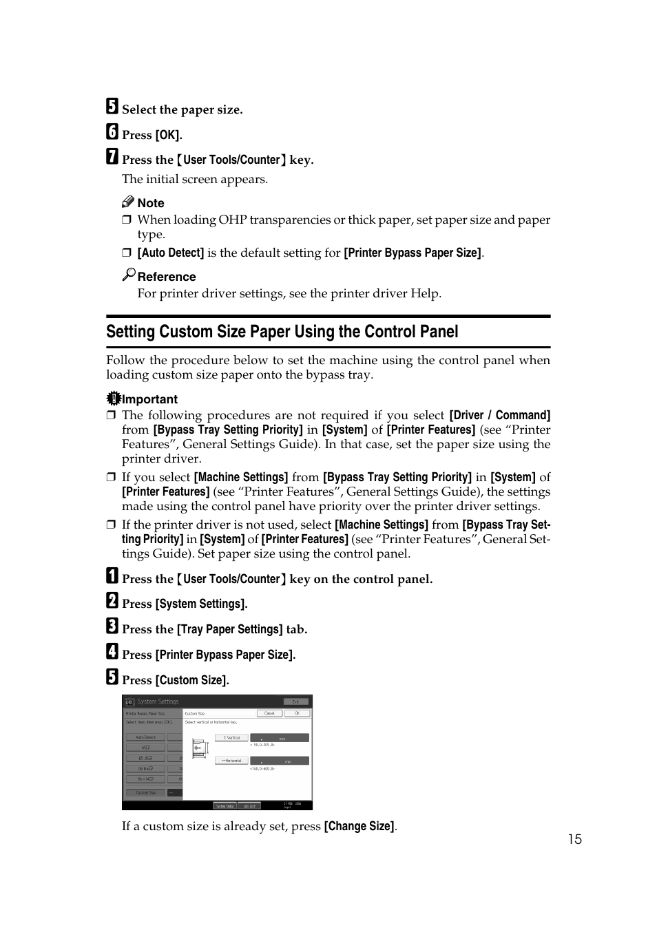 Setting custom size paper using the control panel | Ricoh Aficio MP MP C3500/C4500 User Manual | Page 23 / 166