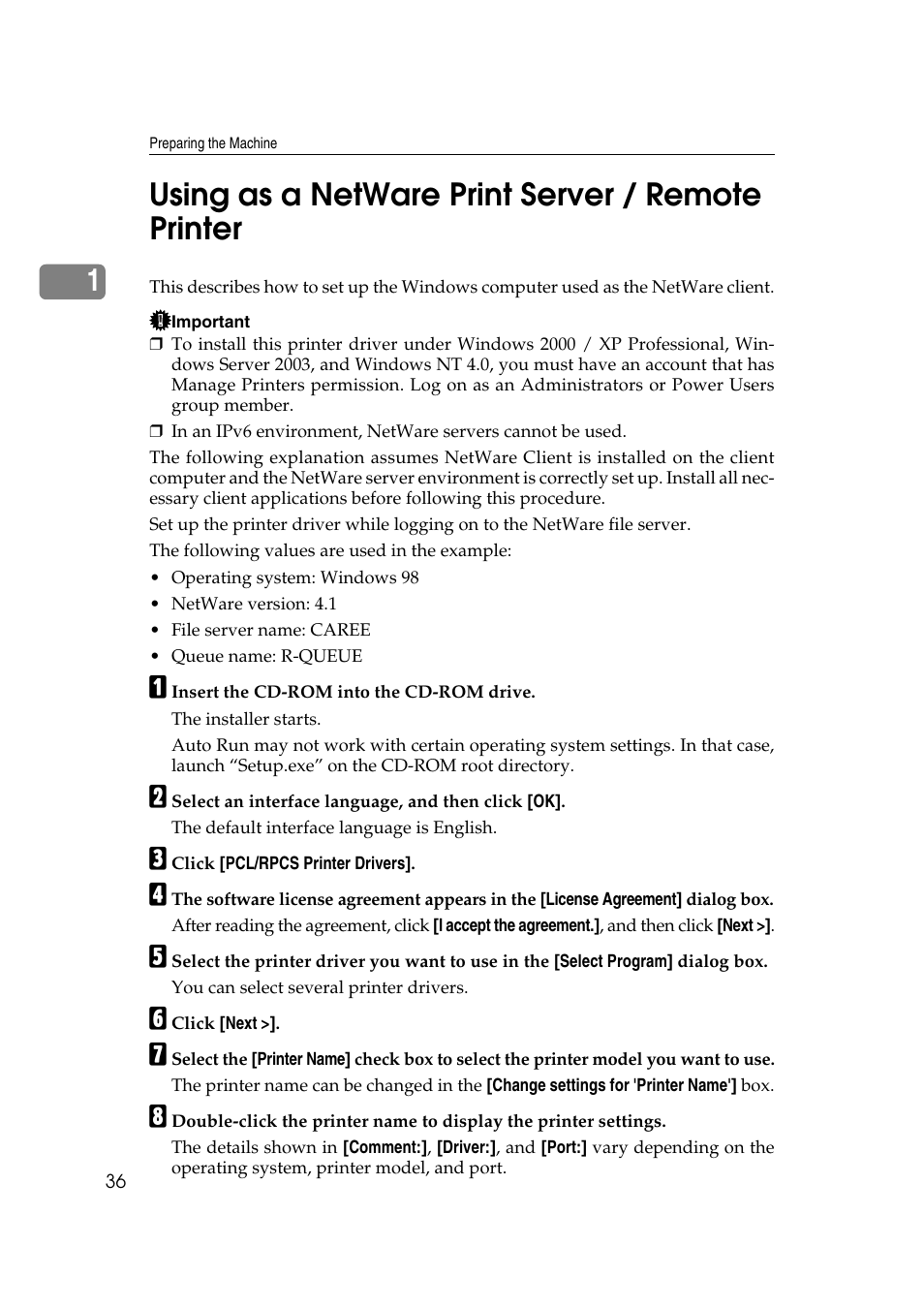 Using as a netware print server / remote printer, 1using as a netware print server / remote printer | Ricoh Aficio MP MP C3500/C4500 User Manual | Page 44 / 166