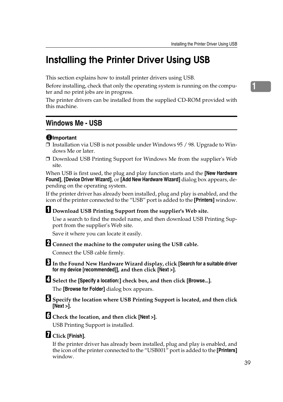 Installing the printer driver using usb, Windows me - usb, E p.39 “installing the printer driver using usb | 1installing the printer driver using usb | Ricoh Aficio MP MP C3500/C4500 User Manual | Page 47 / 166