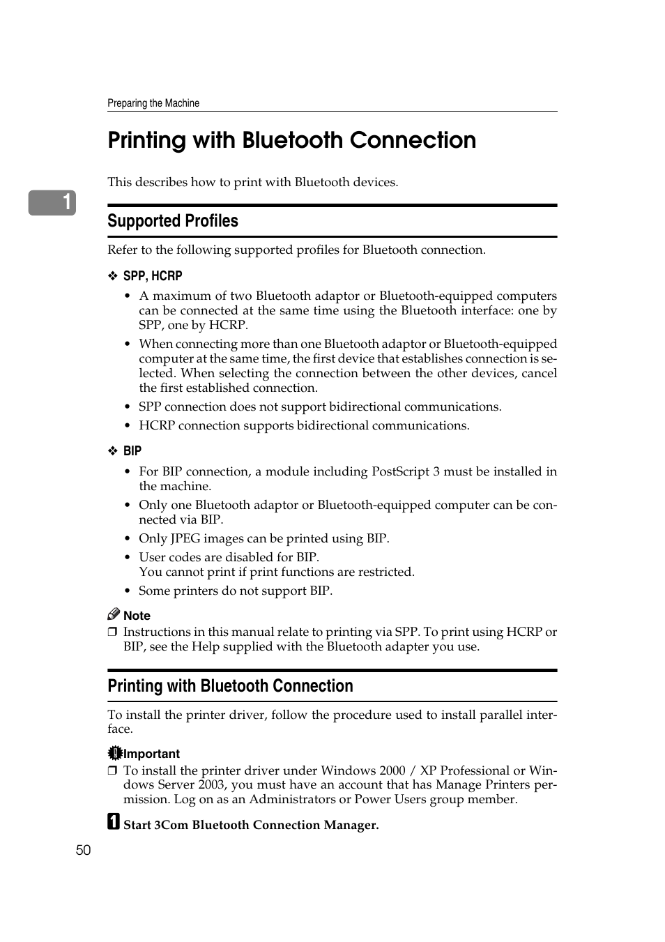 Printing with bluetooth connection, Supported profiles, P.50 “printing with bluetooth connection | 1printing with bluetooth connection | Ricoh Aficio MP MP C3500/C4500 User Manual | Page 58 / 166