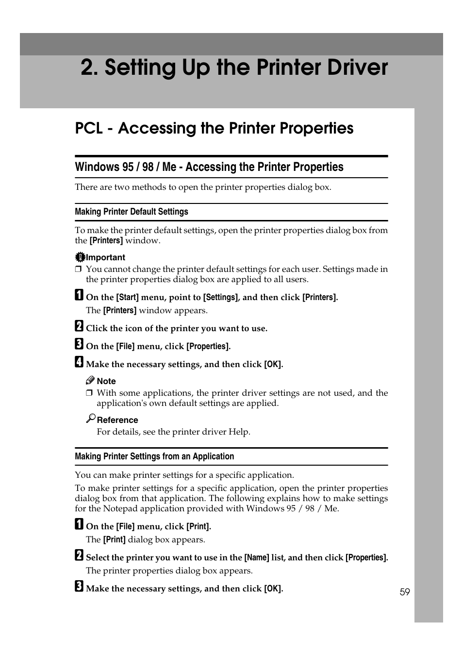 Setting up the printer driver, Pcl - accessing the printer properties, Making printer default settings | Making printer settings from an application | Ricoh Aficio MP MP C3500/C4500 User Manual | Page 67 / 166