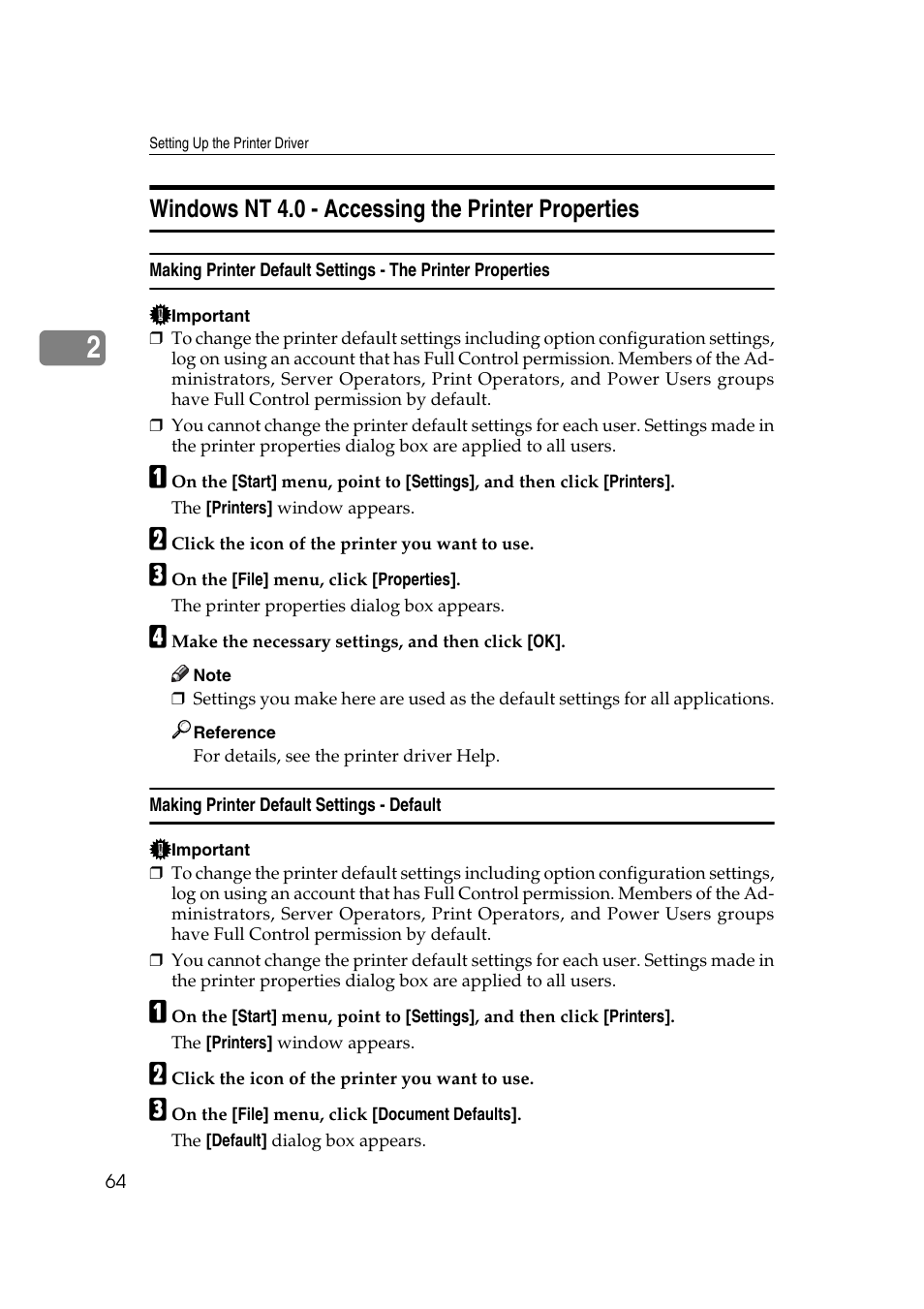 Windows nt 4.0 - accessing the printer properties, Making printer default settings - default | Ricoh Aficio MP MP C3500/C4500 User Manual | Page 72 / 166