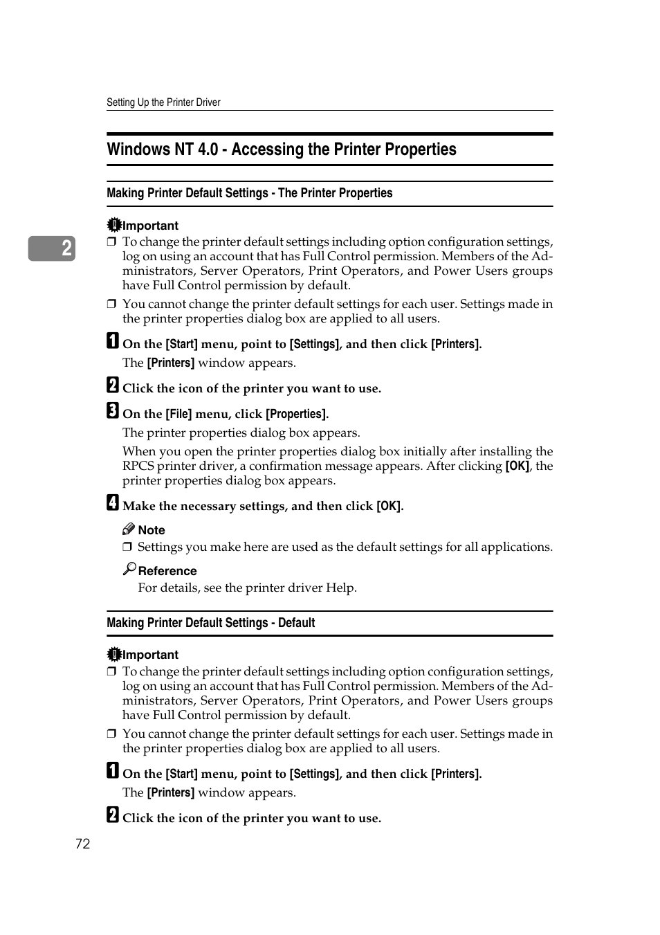 Windows nt 4.0 - accessing the printer properties, Making printer default settings - default | Ricoh Aficio MP MP C3500/C4500 User Manual | Page 80 / 166