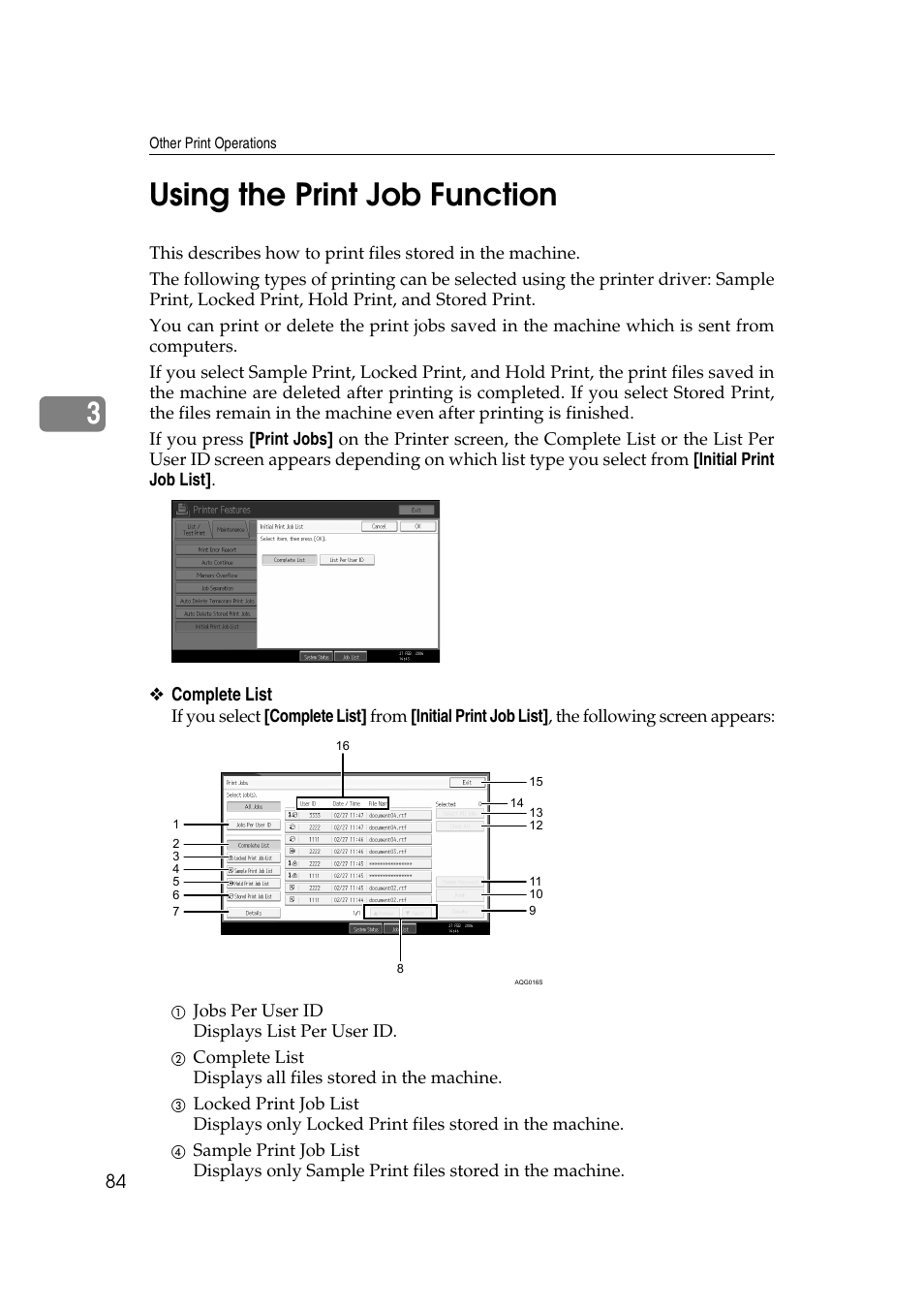 Using the print job function, 3using the print job function, Complete list | Ricoh Aficio MP MP C3500/C4500 User Manual | Page 92 / 166