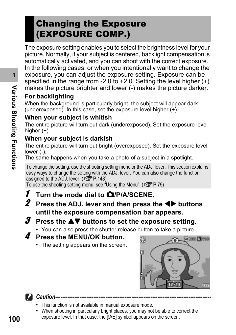 Changing the exposure (exposure comp.) | Ricoh GX100VF User Manual | Page 102 / 218