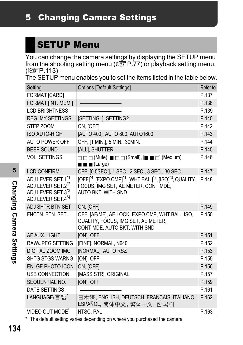 Setup menu, 5 changing camera settings | Ricoh GX100VF User Manual | Page 136 / 218