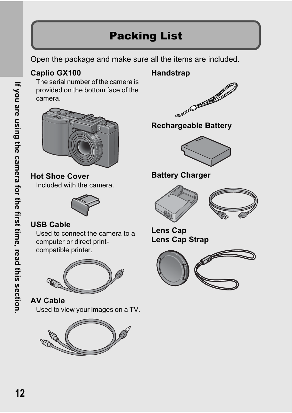 Packing list | Ricoh GX100VF User Manual | Page 14 / 218