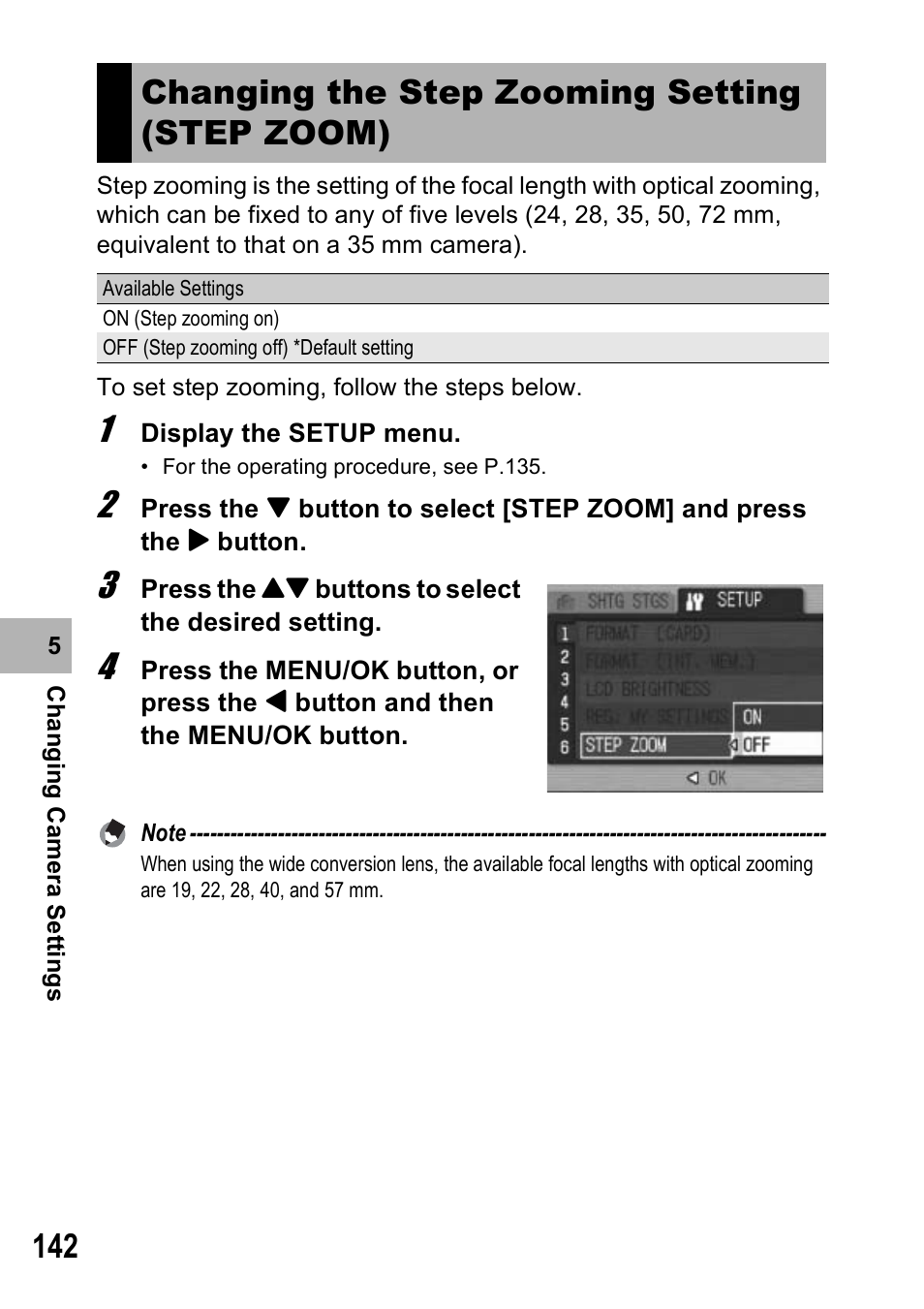 Changing the step zooming setting (step zoom) | Ricoh GX100VF User Manual | Page 144 / 218