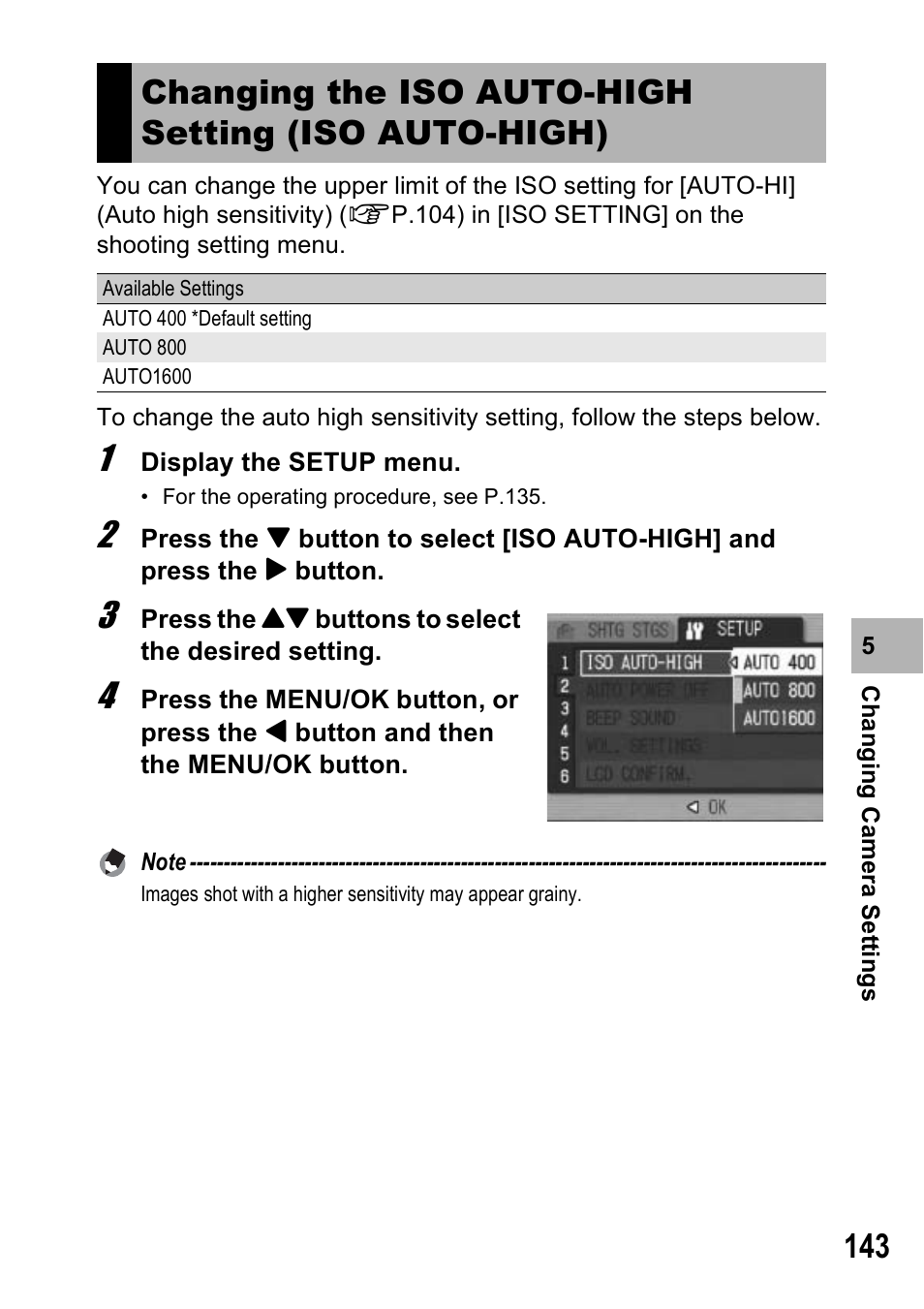 Changing the iso auto-high setting (iso auto-high) | Ricoh GX100VF User Manual | Page 145 / 218