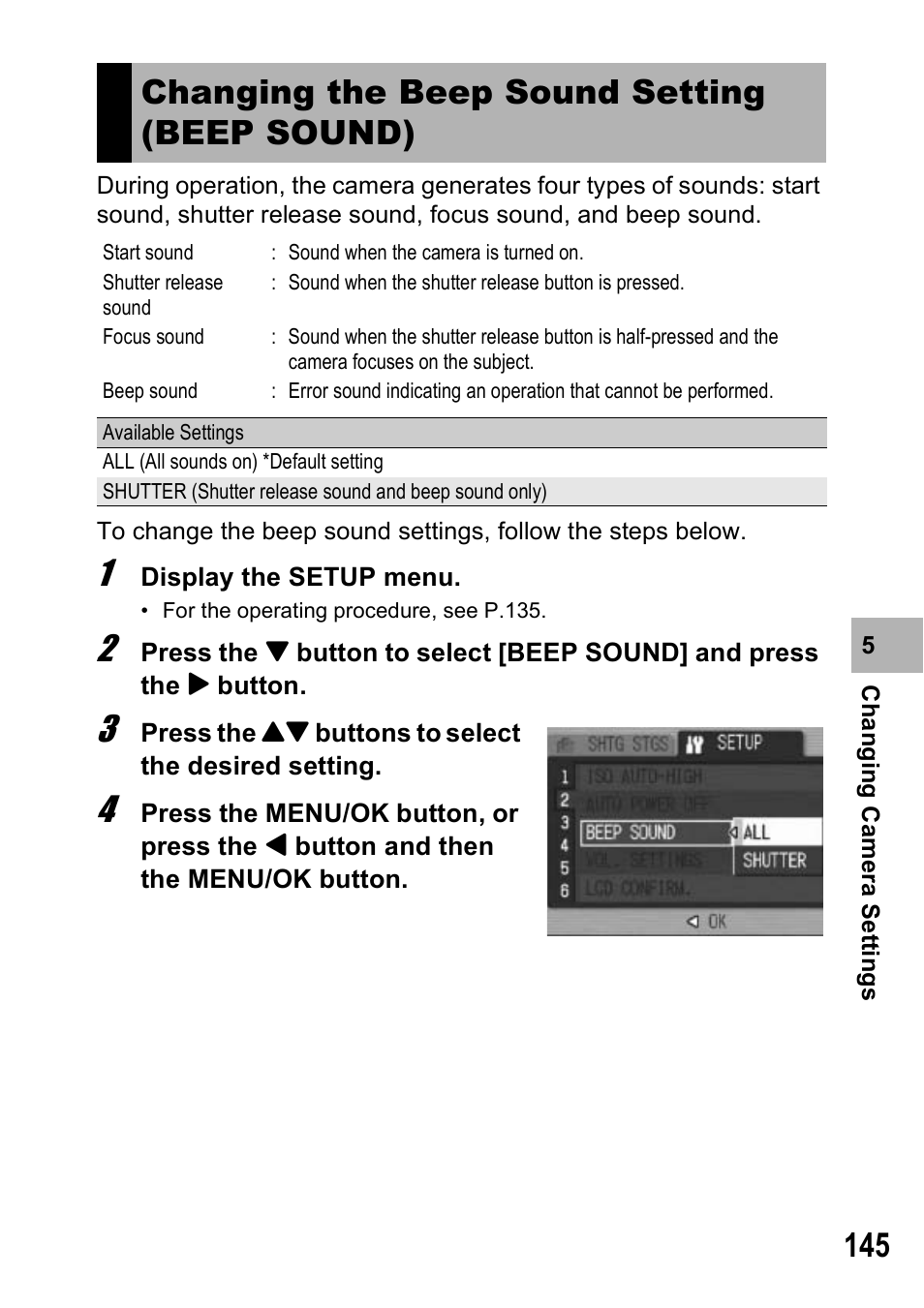 Changing the beep sound setting (beep sound) | Ricoh GX100VF User Manual | Page 147 / 218