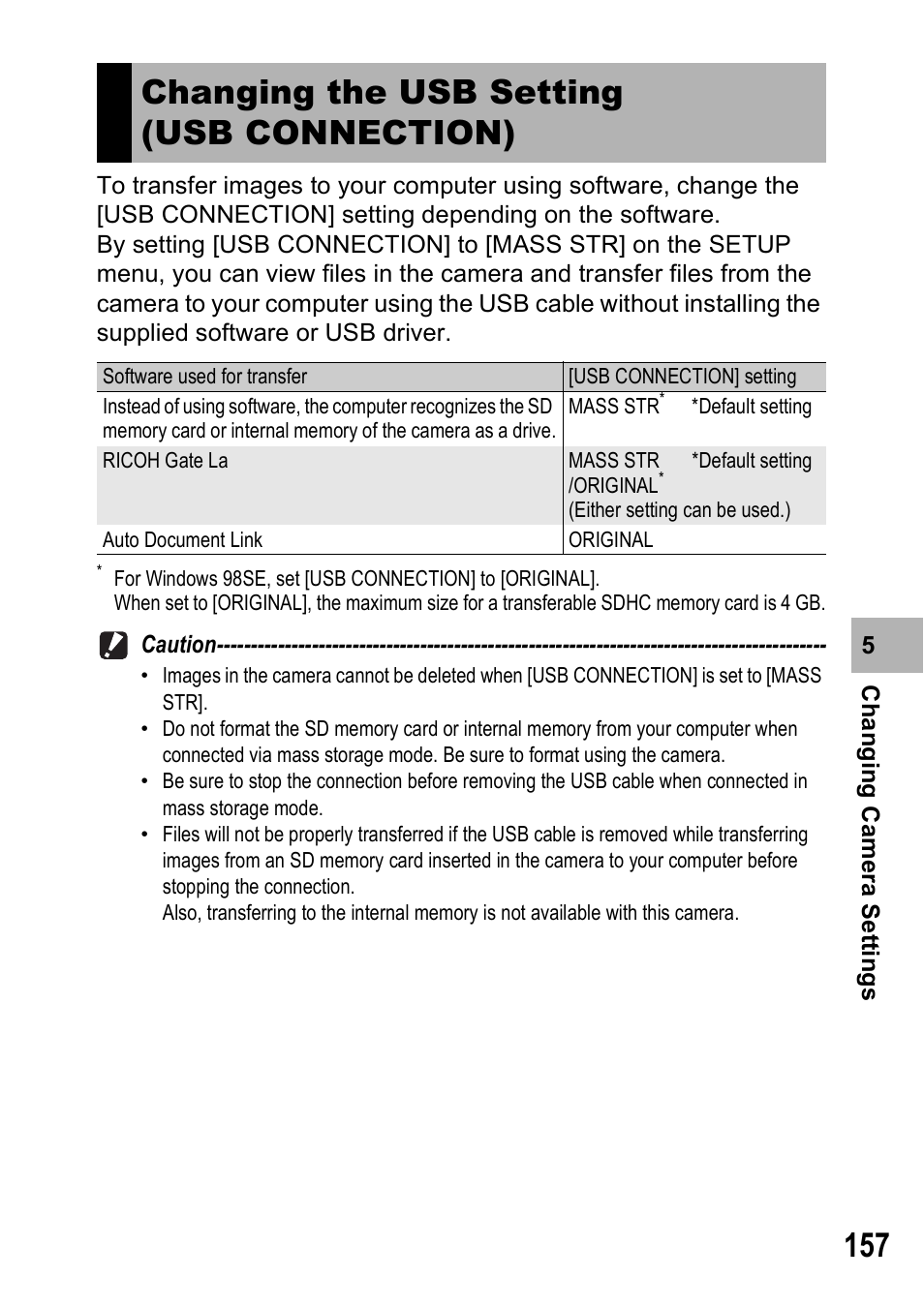 Changing the usb setting (usb connection) | Ricoh GX100VF User Manual | Page 159 / 218